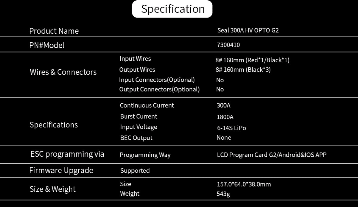 Seal Series ESC 300A HV OPTO G2 6S-14S | ZTW - Image 2