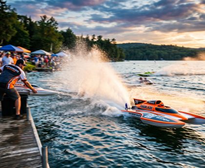 High-speed RC hydroplane boat race with Enforcer branding